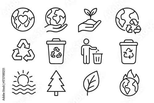 Environmental protection line icon set. Nature conservation, ecology, sustainability. Vector signs for recycling, climate change, global warming, green energy, and planet care.