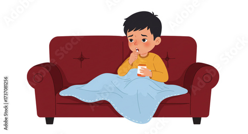 Vector illustration of a sick child sitting on sofa, covered with blanket