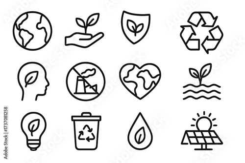 Ecology line icon set. Environmental protection, nature conservation. Sustainable development signs. Green energy, recycling, solar power, eco friendly vector pictograms.