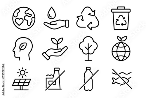 Ecology line icon set. Environmental protection, nature conservation, recycling symbol, green energy, sustainability concept. Save the planet and water outline vector icons.