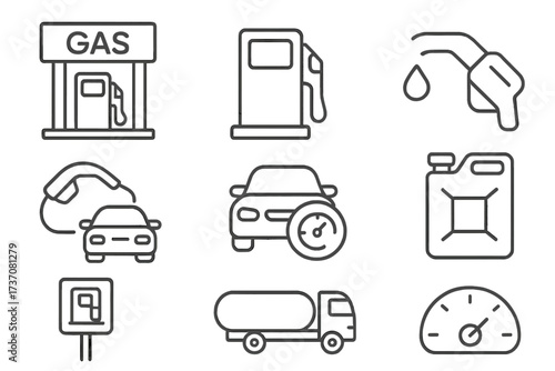 Gas station line icon set. Fuel pump, petrol, car refueling, and transportation symbols. Editable stroke vector pictograms for web and app design. Outline minimalist icons.