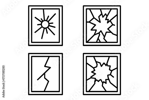 Broken window line icon set. Shattered glass outline symbols. Vector illustration of damage, crack, vandalism, accident. Emergency and repair graphic design concept elements.