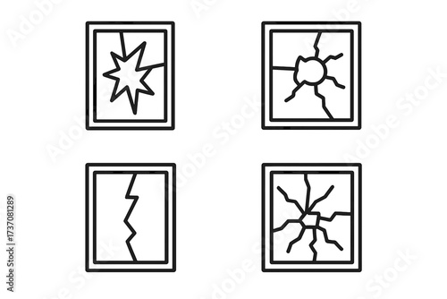 Broken window line icon set. Shattered glass, crack, and damage outline signs for web design and apps. Vandalism or accident symbol. Vector cartoon illustration bundle.