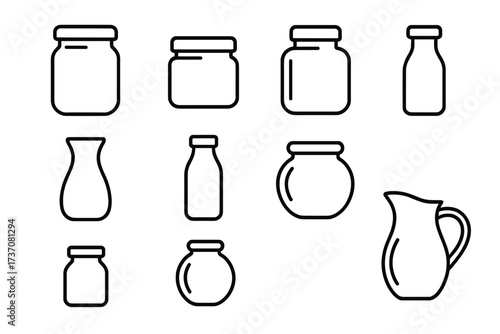 Glassware line icon set. Collection of empty glass jar, bottle, jug, and vase. Kitchen container outline icons. Vector symbols for food storage, packaging, web, and apps.