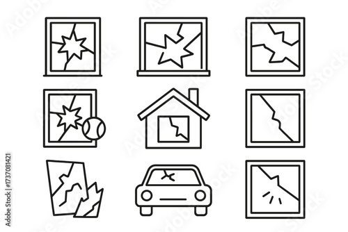 Broken window line icon set. Shattered glass, cracked car windshield, house damage concepts. Vandalism, accident signs. Outline vector illustration for web, apps, graphic design.