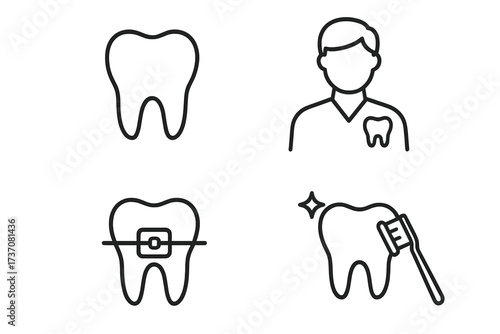 Dentistry line icon set for dental care and oral hygiene. Vector pictograms of tooth, braces, dentist, and toothbrush cleaning. Minimalistic symbols for web and graphic design.
