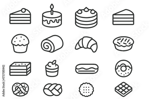 Cake and pastry line icon set. Collection of simple outline symbols for bakery, cafe, and dessert menu. Includes editable stroke vector icons of birthday cake, cupcake, and donut.