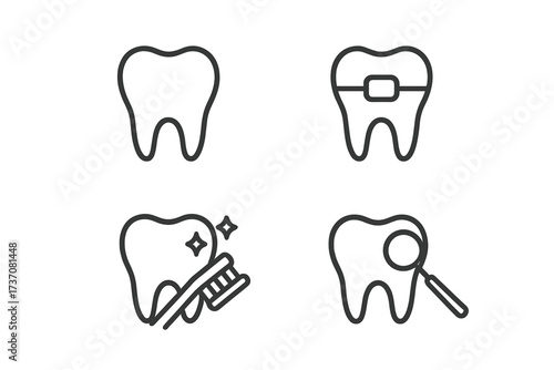 Dentistry line icon set. Tooth, dental braces, teeth cleaning, oral checkup. Orthodontics, hygiene, stomatology, treatment concepts. Minimalistic outline vector pictogram for web.