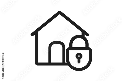 Home security icon with house and padlock. Property protection, safety, and privacy concept. Real estate insurance sign. Stay home, lockdown, or quarantine vector symbol.
