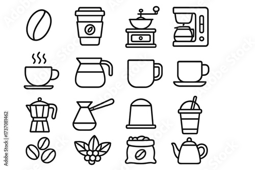 Coffee line icon set. Vector outline symbols collection for cafe menu or web design. Includes coffee bean, cup, pot, grinder, moka pot, cezve, capsule. Barista pictogram.