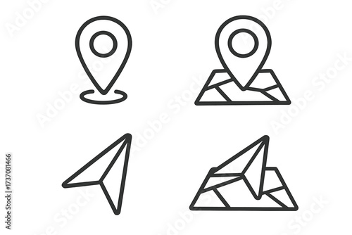 Navigation icon set with map pin and arrow cursor. GPS location pointer on a map. Destination and route finding symbol. Simple linear vector illustration for travel apps.