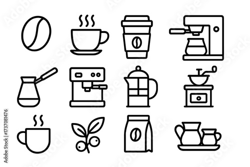Coffee line icon set. Vector outline symbols for cafe menu, barista, coffee shop. Includes espresso machine, french press, grinder, cezve, cup, bean. Beverage and drink icons.