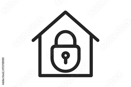 Home security icon. House safety. Property protection concept. Padlock, lock. Secure real estate symbol. Private building. Stay home, quarantine, lockdown. Linear outline graphic.