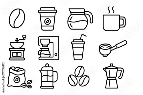 Coffee line icon pack. Barista tools & brewing method symbols. Vector outline set includes coffee bean, grinder, french press, moka pot, espresso maker, cup, & to go icons.