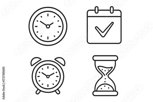 Time management icon set. Clock, alarm, calendar and hourglass thin line icons for web and apps. Vector illustration for concepts like schedule, deadline, reminder, and planning.