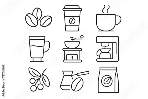 Coffee line icon set vector collection. Outline signs for cafe menu, web design. Includes coffee bean, cup, grinder, maker, pot, latte, espresso, drink, beverage symbols.
