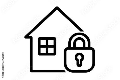House and lock outline icon. Home security, property safety, and real estate protection concept. Closed padlock as a symbol for insurance services, smart home, and cybersecurity. Vector.