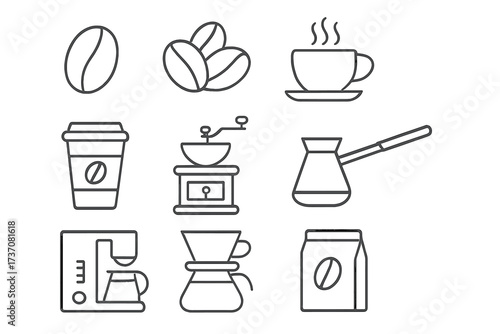 Coffee line icon set. Simple outline symbols of coffee making and brewing methods. Vector icons of bean, hot drink, cup, grinder, cezve, machine, pour over for graphic design.