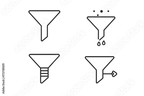 Filter and funnel thin line icon set. Vector symbols for data sorting, processing, and pipeline visualization. Web UI elements for filtering options and sales funnels.