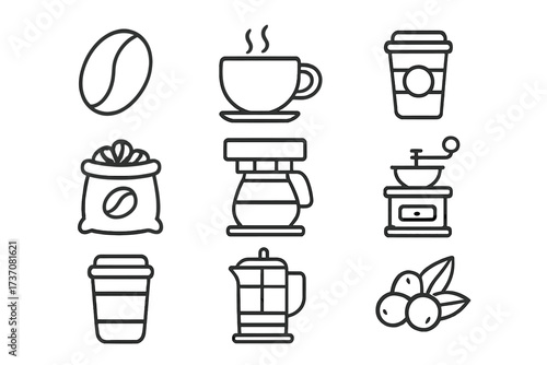 Coffee line icon set. Vector collection of outline signs for graphic design, web, apps. Symbols of coffee bean, cup, grinder, french press, maker, espresso, hot drink, beverage.