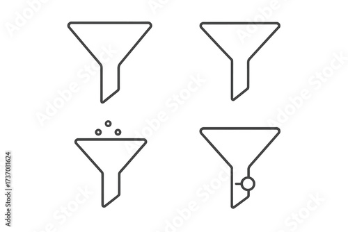 Filter and funnel icon set. Thin line vector symbols for data sorting and organization. UI elements for website and app design. Data filtration and settings concept.