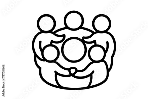 Teamwork icon of people in a circle. Concept of community, unity, and social connection. Group of five persons working together in collaboration. Support and diversity symbol.