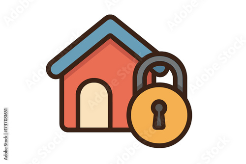 Home security concept with house and padlock icon. Vector illustration for property protection, real estate safety, and privacy. Stay home, lockdown, and quarantine symbol.