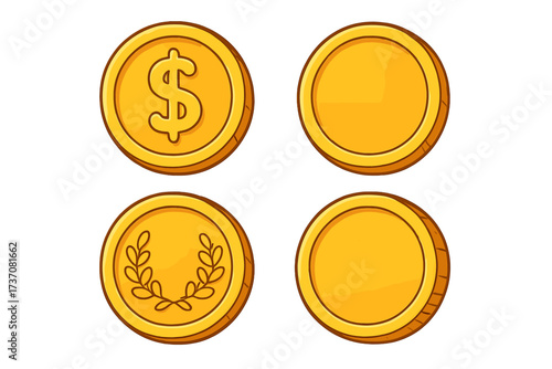 Gold coin set vector cartoon illustration. Money icon with dollar symbol and laurel wreath. Finance, currency, and economy concept. Shiny cash for banking or game asset design.