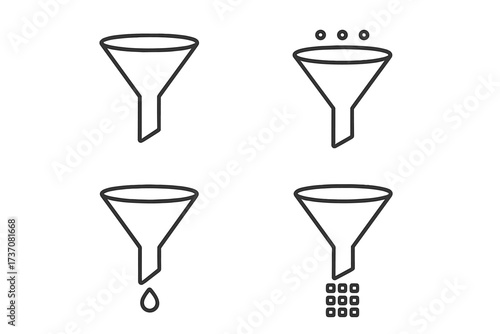 Filter funnel icon set for data processing. Thin line vector pictograms for sorting and analysis. Marketing sales funnel, conversion, lead generation pipeline for UI UX design.