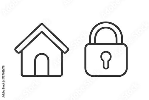 Home security and protection concept with house and padlock icons. Vector line art symbols for safety, real estate, and secure property. Quarantine or lockdown pictogram set.