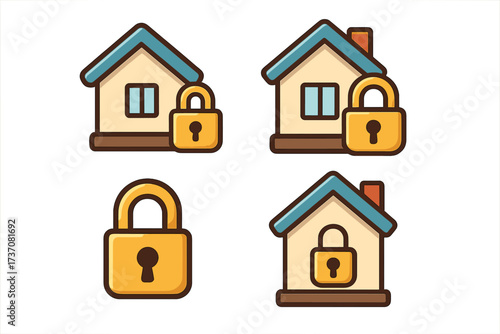 House and lock icon set for home security concept. Vector cartoon illustration of property protection, real estate safety, secure building, and residential insurance symbol.