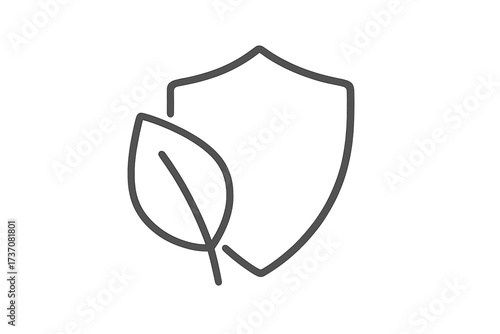 Eco shield with leaf outline icon. Natural product safety, environmental protection. Vegan, bio, organic food quality guarantee. Herbal cosmetic trust badge. Minimal vector.