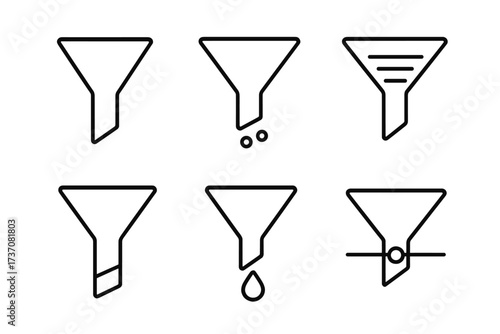 Set of filter and funnel line icons. Collection of outline symbols for data sorting, web design, and app interfaces. Vector graphic elements for data processing and refinement.