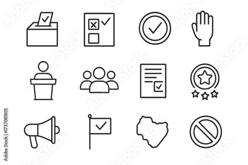 Election and voting line icon set. Political symbols for democracy, government. Vector icons of ballot box, vote, campaign, and politician for web, apps and infographics.