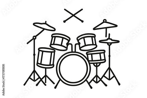 Drum kit icon. Linear style vector. Cartoon illustration. Music instrument. Percussion set. Drums and cymbals. Rock band equipment. Sound and rhythm. Beat concept. Simple outline.