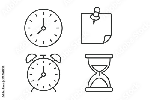 Time management icon set with clock, reminder, alarm, hourglass. Thin line vector symbols for deadline, schedule, planning, countdown, and punctuality concepts. Isolated collection.