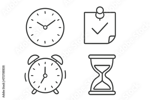 Time management outline icon set. Clock, alarm, reminder note, hourglass symbols. Vector for deadline, productivity, planning, schedule, efficiency, appointment, and punctuality.