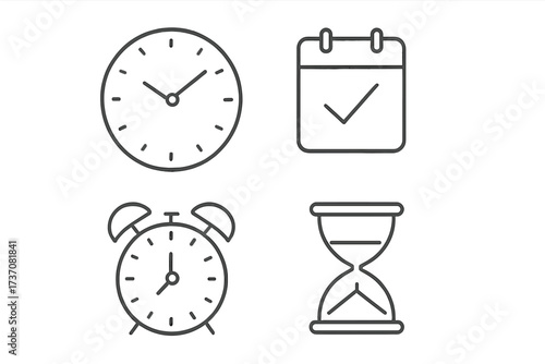 Time management icon set. Thin line vector signs of clock, alarm, calendar and hourglass. Concept of schedule, deadline, reminder, date, and appointment for web and apps.