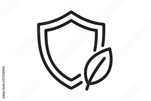 Eco shield with leaf icon. Natural protection, organic safety, and environmental security concept. Bio product guarantee. Vegan friendly. Thin line art vector illustration.