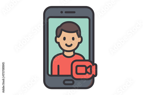 Man on video call via smartphone. Virtual meeting or online communication concept. Vector icon for web conference, webinar, live stream, or vlogging. Mobile technology symbol.