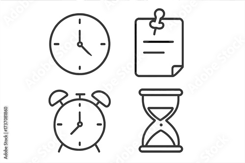Time management icons set. Thin line art collection of clock, alarm, reminder note, and hourglass signs. Vector symbols for deadline, schedule, and organization concepts.