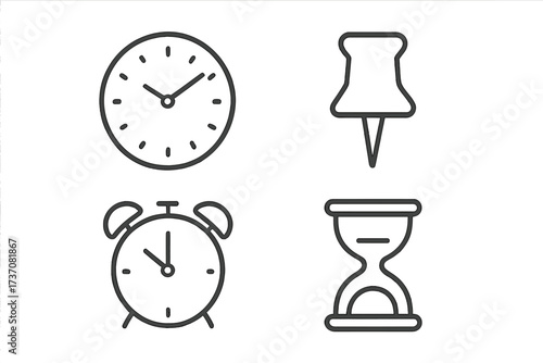 Time management vector icon set. Clock, alarm, hourglass, pushpin symbols. Metaphor for deadline, schedule, reminder, appointment. Thin line art for web and app design.