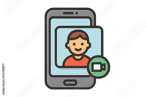 Video call icon. Online conference on a smartphone screen. Virtual meeting communication concept. Person on mobile phone display for remote work, webinar or family chat. Vector.