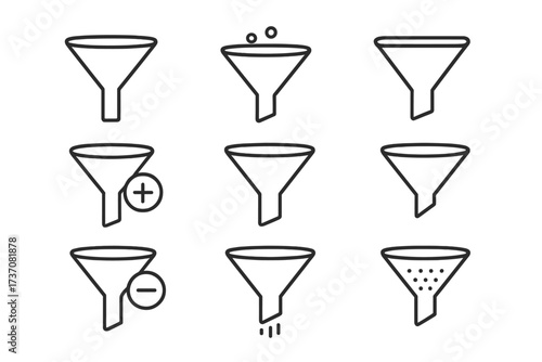 Filter and funnel thin line icon set. Data sorting, processing, and refining symbols. Vector collection for web, app, UI, UX design. Add, remove, and purify pictograms.