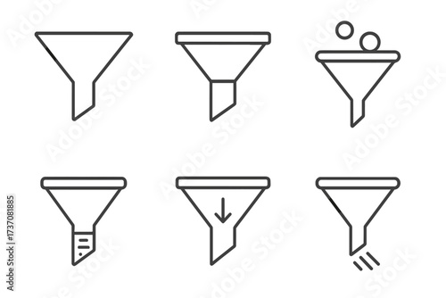 Funnel and filter vector line icon set. Data filtering, sorting, processing. Sales funnel for marketing conversion. Lead generation workflow concept. Infographic elements for UI and UX design.