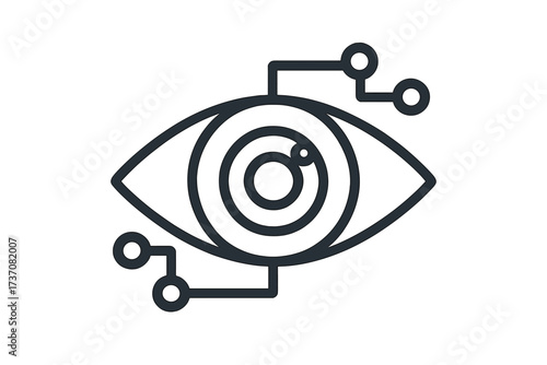 Artificial intelligence eye technology vision concept. Circuit digital cyber eye symbol. Machine learning, biometric scan, computer vision. Futuristic neural network. Linear vector illustration.