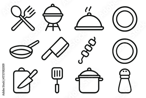 Cooking line icon set. Kitchen utensils, barbecue grill, pot, pan, and plate symbols. Culinary and food concept for restaurant menu, web, or app design. Vector pictogram.