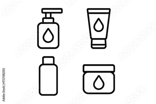 Cosmetic bottle line icon set. Skincare product container collection. Cream tube, soap dispenser, lotion jar pictogram. Minimalist beauty packaging outline vector symbols.