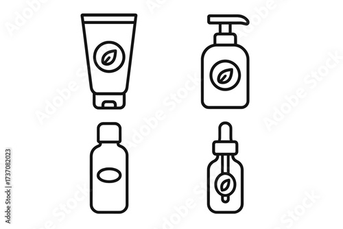 Natural cosmetic icon set. Organic skincare product packaging. Line art vector illustration of cream tube, lotion pump, serum dropper bottle. Minimalist beauty symbols.