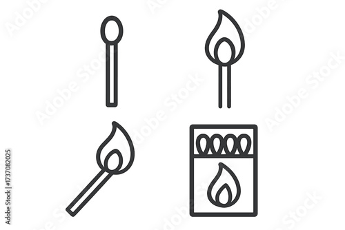 Matchstick icon set. Minimalistic linear pictograms of a burning match, fire, flame, and matchbox. Vector illustration for web, graphic design, apps, and interface design.